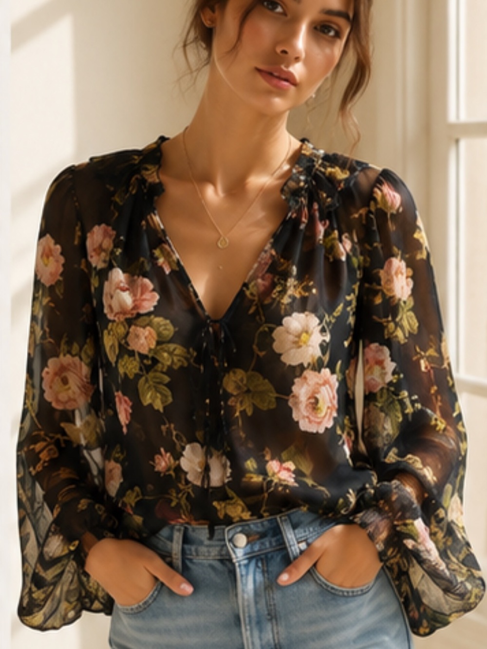 Alice + Olivia Floral Black Silk Blend Top Women’s Blouse Size S Small